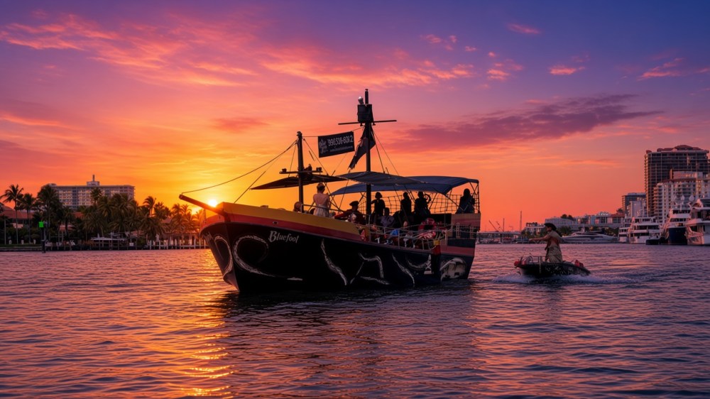 Boat on water at sunset with city skyline background.