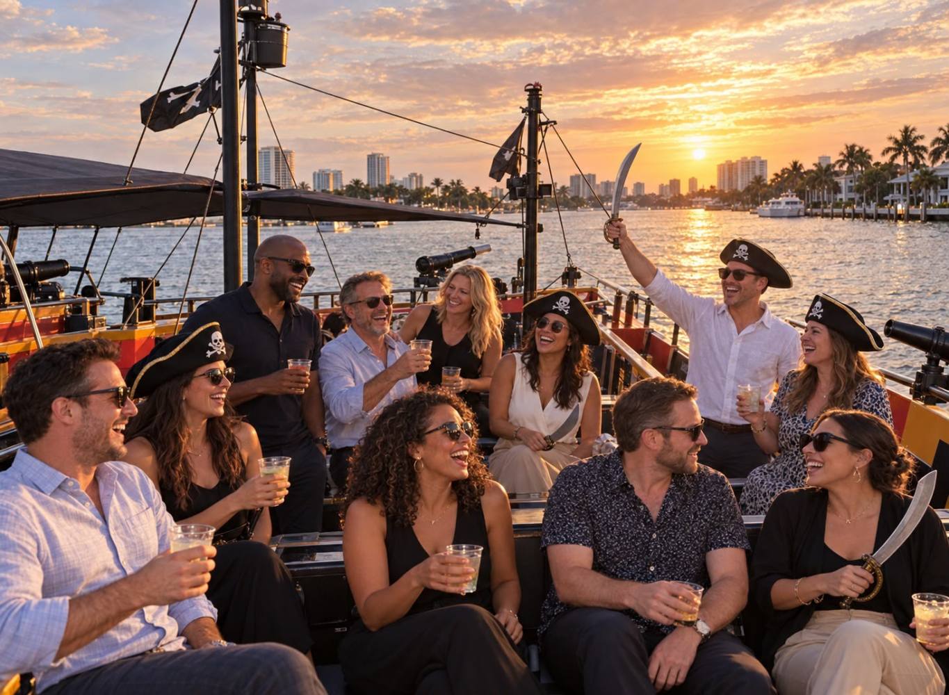 Group of people in pirate hats celebrating on a boat at sunset.