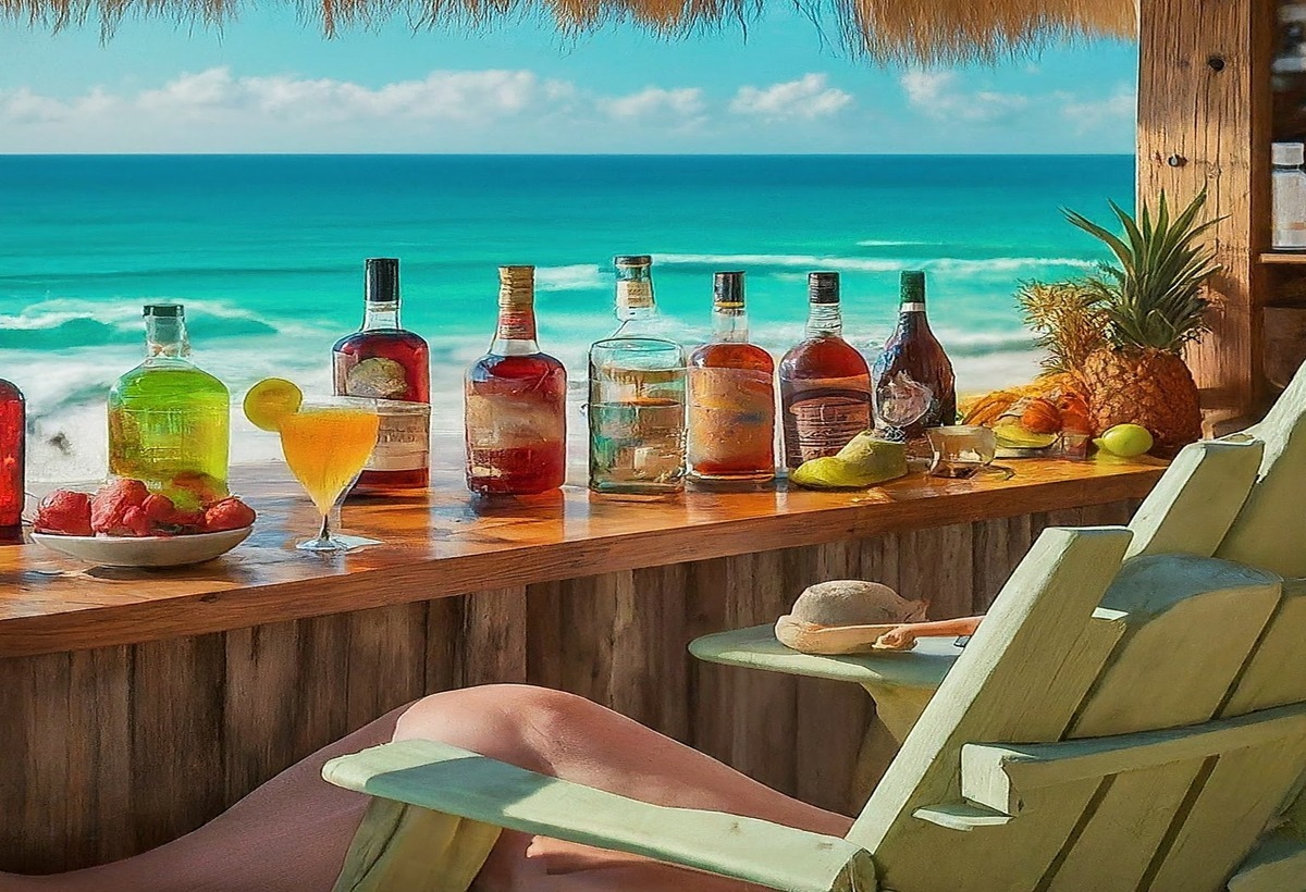 Bottles of alcohol beverages beside the beach front Bottles of alcohol beverages beside the beach front