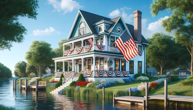 A house museum with flags